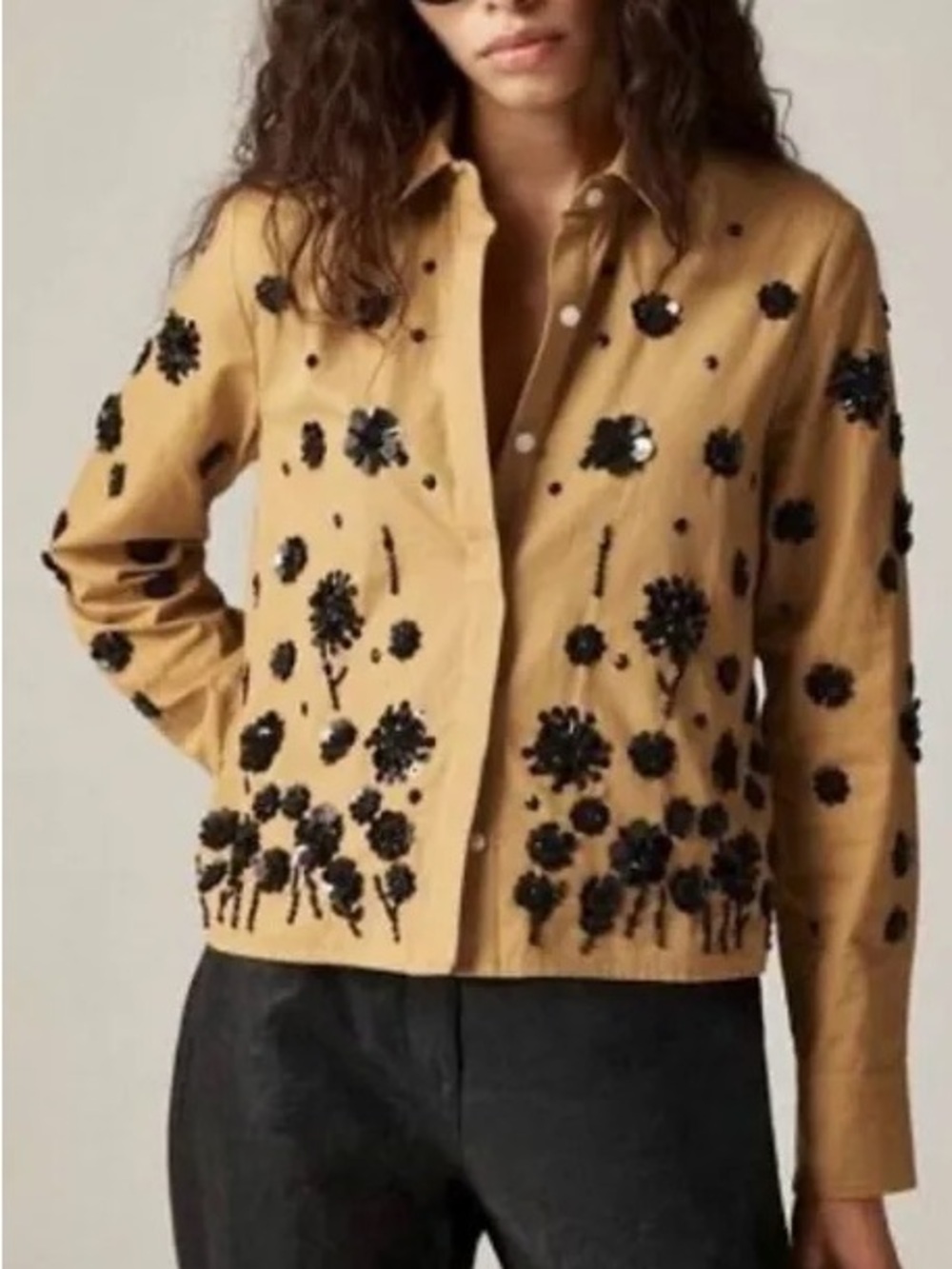 J. Crew Honey Brown Embellished Floral Button Up Shirt